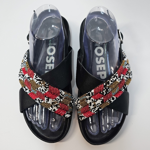 Gioseppo Beaded Haverhill Black open toe Strap Flat Leather Sandal Size 8 or 39 - Picture 2 of 12